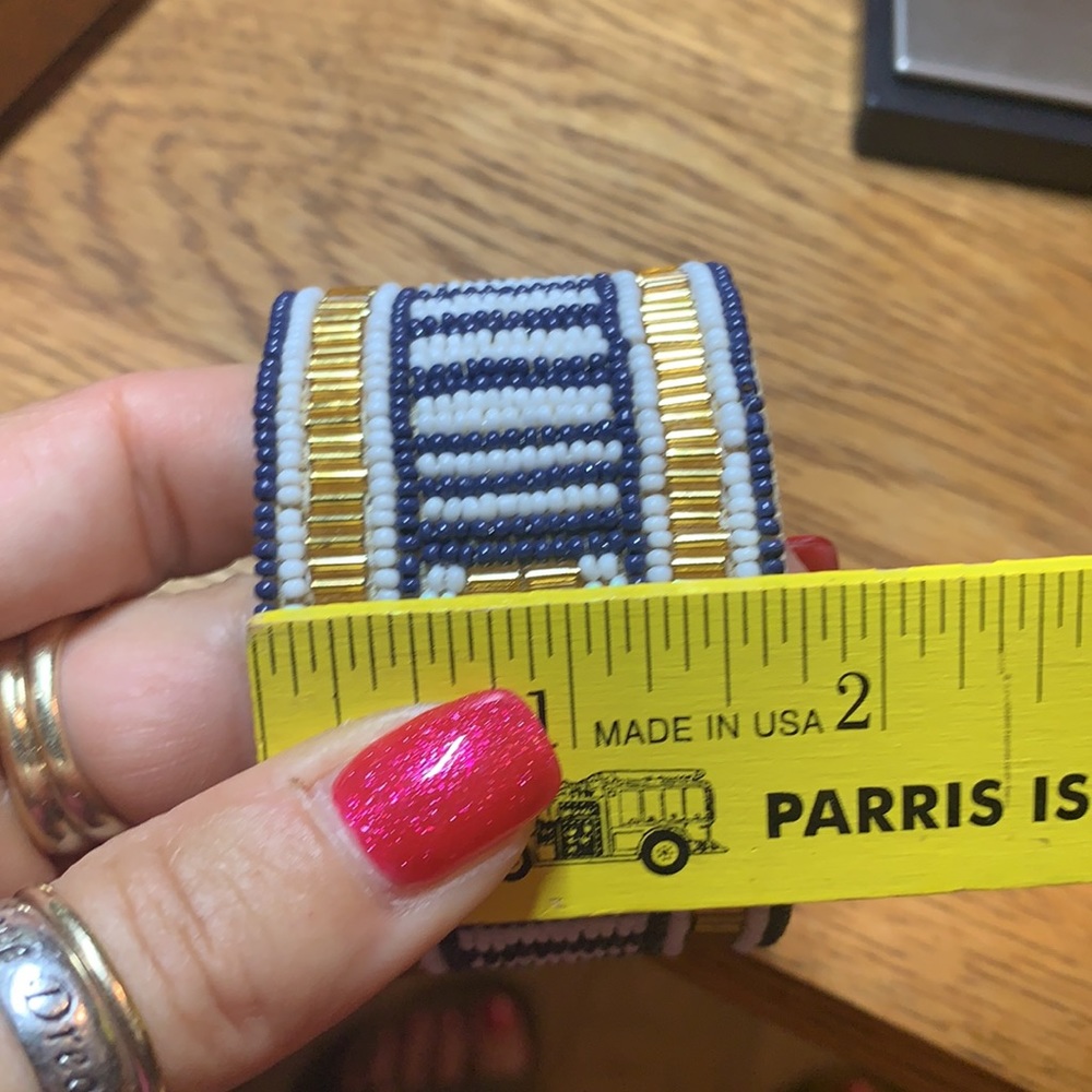 Blue & Gold Beaded Cloth & Metal Cuff Bracelet - Picture 16 of 17